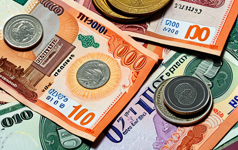 **Thai Baht notes and coins:** A close-up shot showcasing various denominations of Thai Baht banknotes (20, 50, 100, 500, 1000) and coins (1, 2, 5, 10), emphasizing their colors and markings for easy identification.