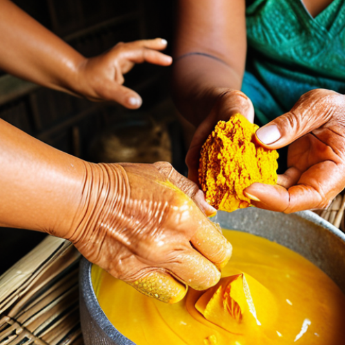 Home 22 **Image:** Close-up of a Thai woman with wrinkles making traditional soap with natural herbs (turmeric, ginger, coconut oil, rice water) in a rural village. Focus on her hands mixing the ingredients and the reverence in her eyes. Warm lighting.