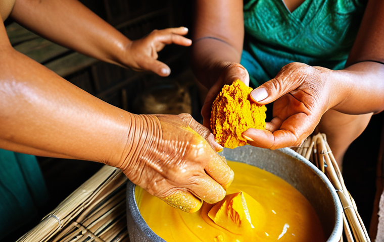**Image:** Close-up of a Thai woman with wrinkles making traditional soap with natural herbs (turmeric, ginger, coconut oil, rice water) in a rural village. Focus on her hands mixing the ingredients and the reverence in her eyes. Warm lighting.