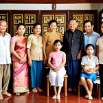 ** A multigenerational Thai family gathered together. Depict grandparents, parents, and children in a warm, traditional Thai home setting. Emphasize respect for elders through gestures and interactions.

**