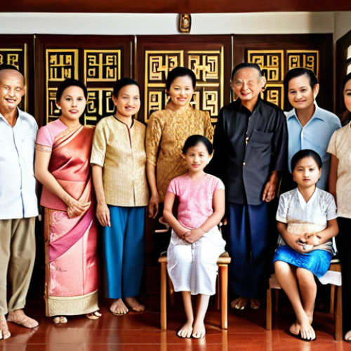 Home 21 ** A multigenerational Thai family gathered together. Depict grandparents, parents, and children in a warm, traditional Thai home setting. Emphasize respect for elders through gestures and interactions.
**