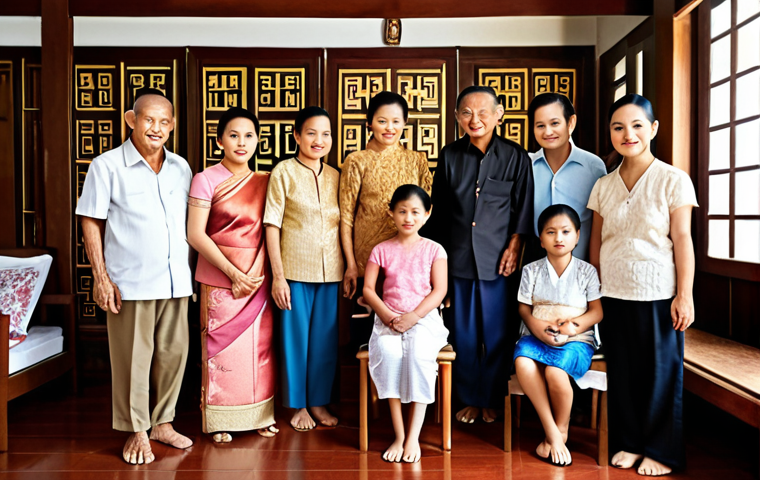 ** A multigenerational Thai family gathered together. Depict grandparents, parents, and children in a warm, traditional Thai home setting. Emphasize respect for elders through gestures and interactions.
**