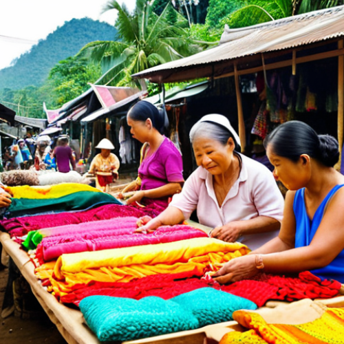 Home 9 **
A bustling Thai village market scene. Women are selling handcrafted goods like silk fabrics and toys to tourists. In the background, lush rice paddies are visible, some using drip irrigation. Focus on the vibrant colors and cultural richness.
**