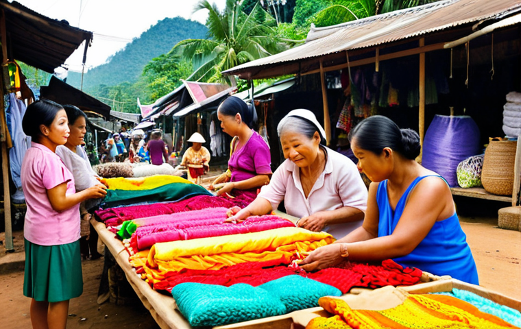 **
A bustling Thai village market scene. Women are selling handcrafted goods like silk fabrics and toys to tourists. In the background, lush rice paddies are visible, some using drip irrigation. Focus on the vibrant colors and cultural richness.
**