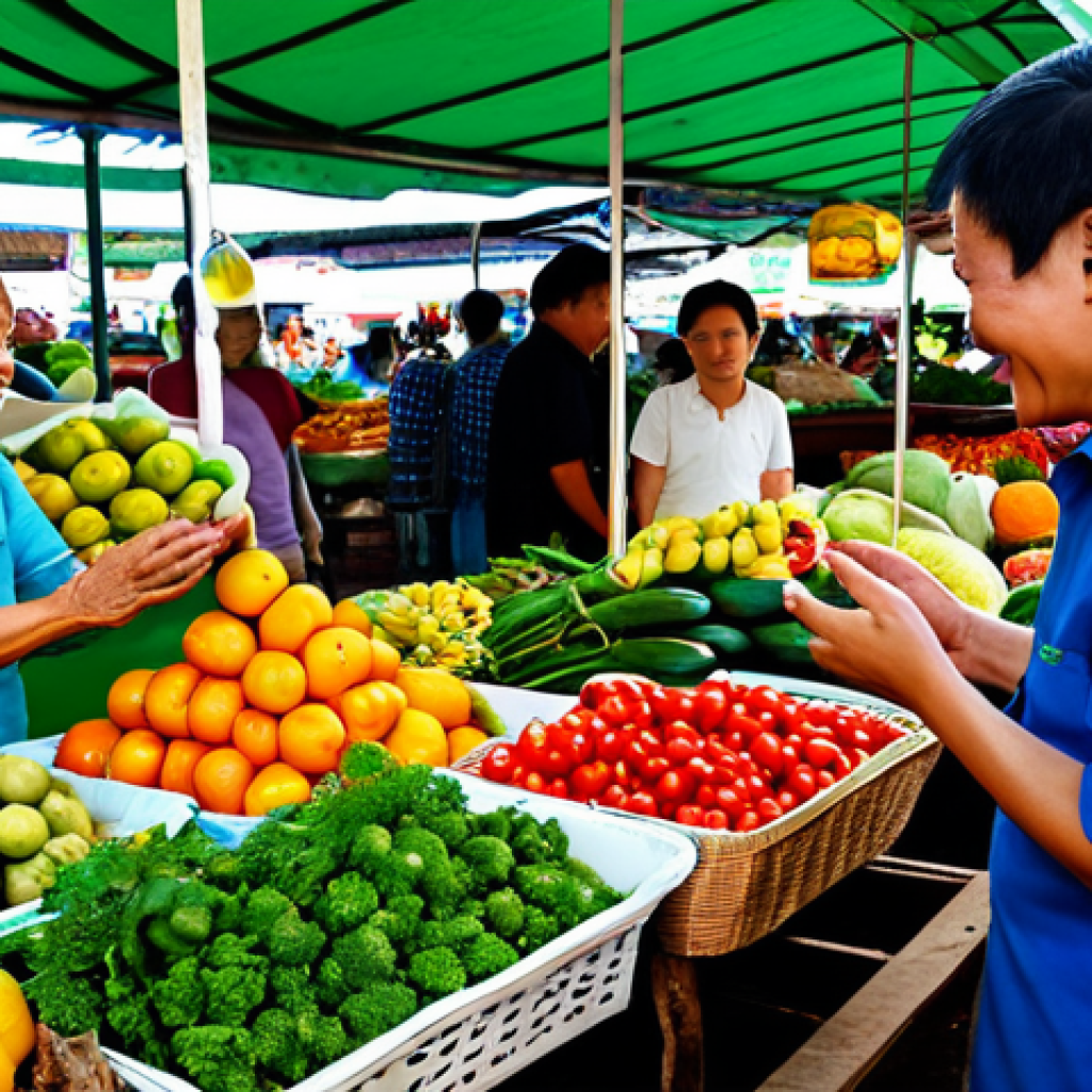 A vibrant scene inside a traditional Thai agricultural market. Elderly and young vendors, fully clothed in modest, local attire, proudly display a colorful abundance of fresh exotic fruits, vegetables, and aromatic spices on their stalls. Customers browse and interact, sharing stories and laughter amidst the bustling atmosphere. The market evokes a strong sense of community and heritage, with natural light illuminating the produce. This is a family-friendly, safe for work environment, captured with perfect anatomy, correct proportions, and natural poses, showcasing well-formed hands and proper finger count, in high-quality professional photography.