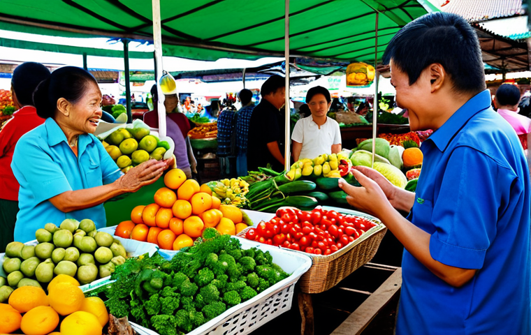 A vibrant scene inside a traditional Thai agricultural market. Elderly and young vendors, fully clothed in modest, local attire, proudly display a colorful abundance of fresh exotic fruits, vegetables, and aromatic spices on their stalls. Customers browse and interact, sharing stories and laughter amidst the bustling atmosphere. The market evokes a strong sense of community and heritage, with natural light illuminating the produce. This is a family-friendly, safe for work environment, captured with perfect anatomy, correct proportions, and natural poses, showcasing well-formed hands and proper finger count, in high-quality professional photography.