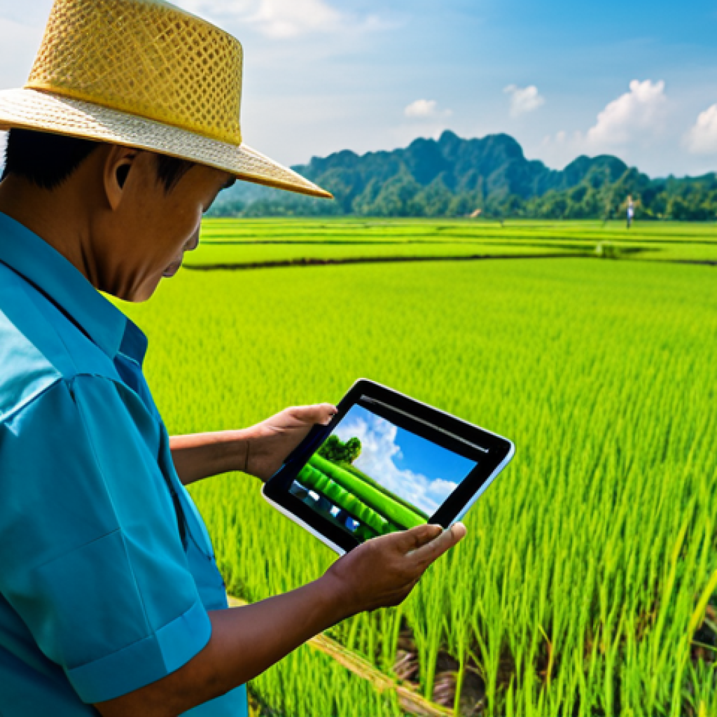 Smart Farming Monitoring**
"A Thai farmer, fully clothed in work attire, using a tablet to monitor drone imagery of his rice fields, lush green landscape, sunlight, appropriate content, safe for work, perfect anatomy, correct proportions, professional, well-formed hands, natural pose, family-friendly, high quality photo, modern farming technology."
**