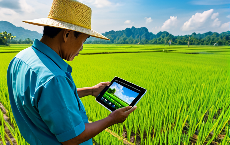 Smart Farming Monitoring**

"A Thai farmer, fully clothed in work attire, using a tablet to monitor drone imagery of his rice fields, lush green landscape, sunlight, appropriate content, safe for work, perfect anatomy, correct proportions, professional, well-formed hands, natural pose, family-friendly, high quality photo, modern farming technology."

**