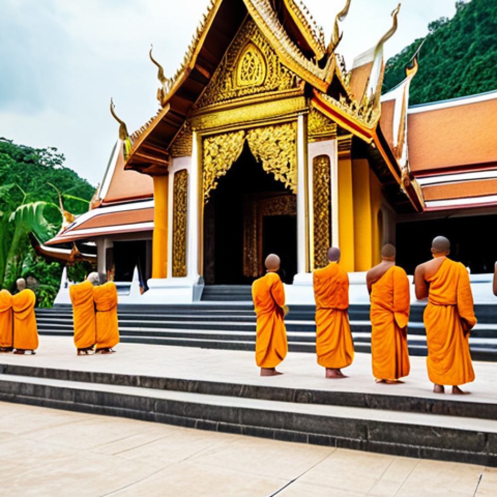 **

"A serene Buddhist temple in Thailand, golden statues, intricate carvings, monks in saffron robes, people offering alms, lush tropical background, safe for work, appropriate content, fully clothed, professional photography, perfect anatomy, correct proportions, natural pose, high quality, modest attire, family-friendly."

**