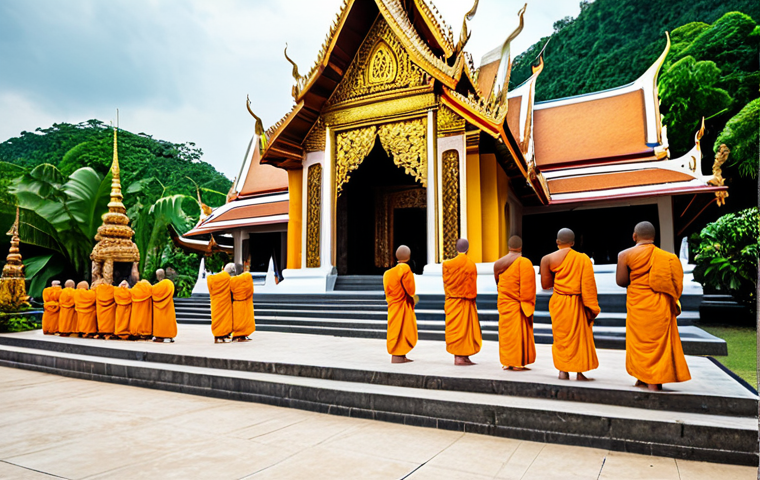**
"A serene Buddhist temple in Thailand, golden statues, intricate carvings, monks in saffron robes, people offering alms, lush tropical background, safe for work, appropriate content, fully clothed, professional photography, perfect anatomy, correct proportions, natural pose, high quality, modest attire, family-friendly."
**