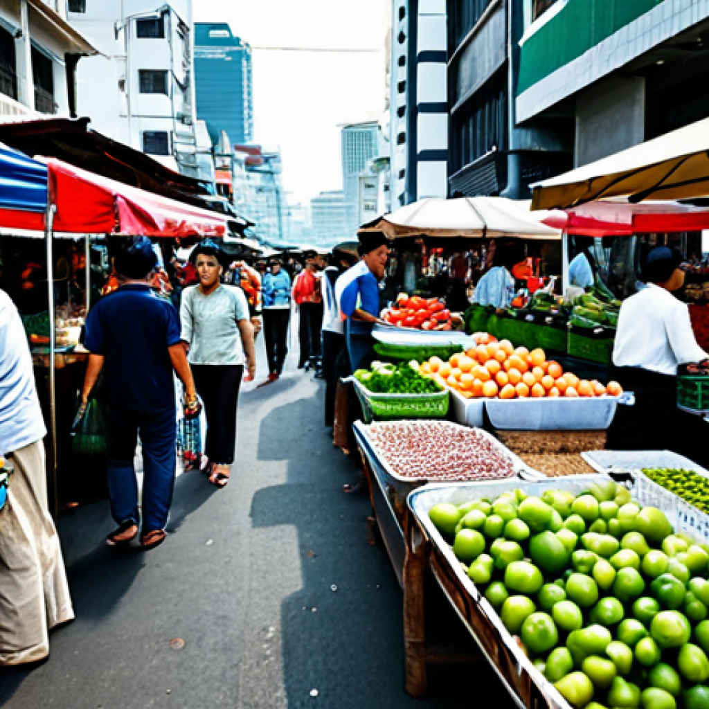 "A bustling market scene in Bangkok, Thailand. Vendors in modest clothing sell fresh produce and street food. Modern buildings rise in the background. Appropriate attire, safe for work, perfect anatomy, natural proportions, professional photography, high quality."
