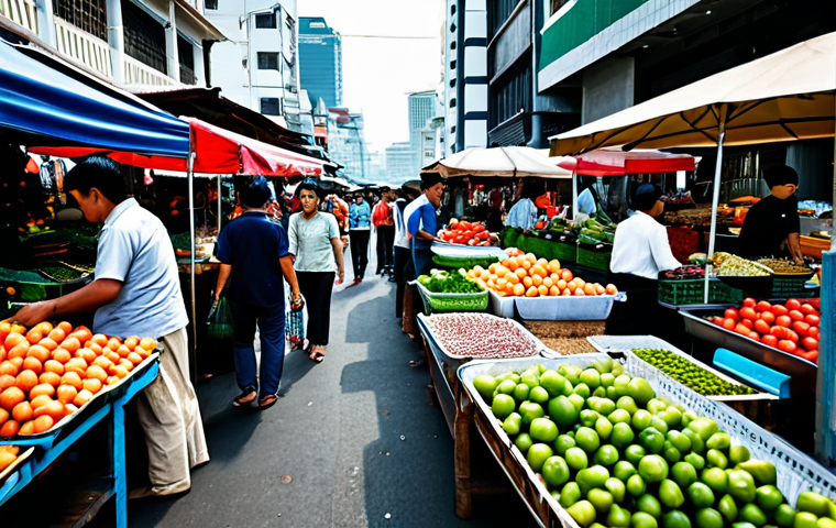 "A bustling market scene in Bangkok, Thailand. Vendors in modest clothing sell fresh produce and street food. Modern buildings rise in the background. Appropriate attire, safe for work, perfect anatomy, natural proportions, professional photography, high quality."