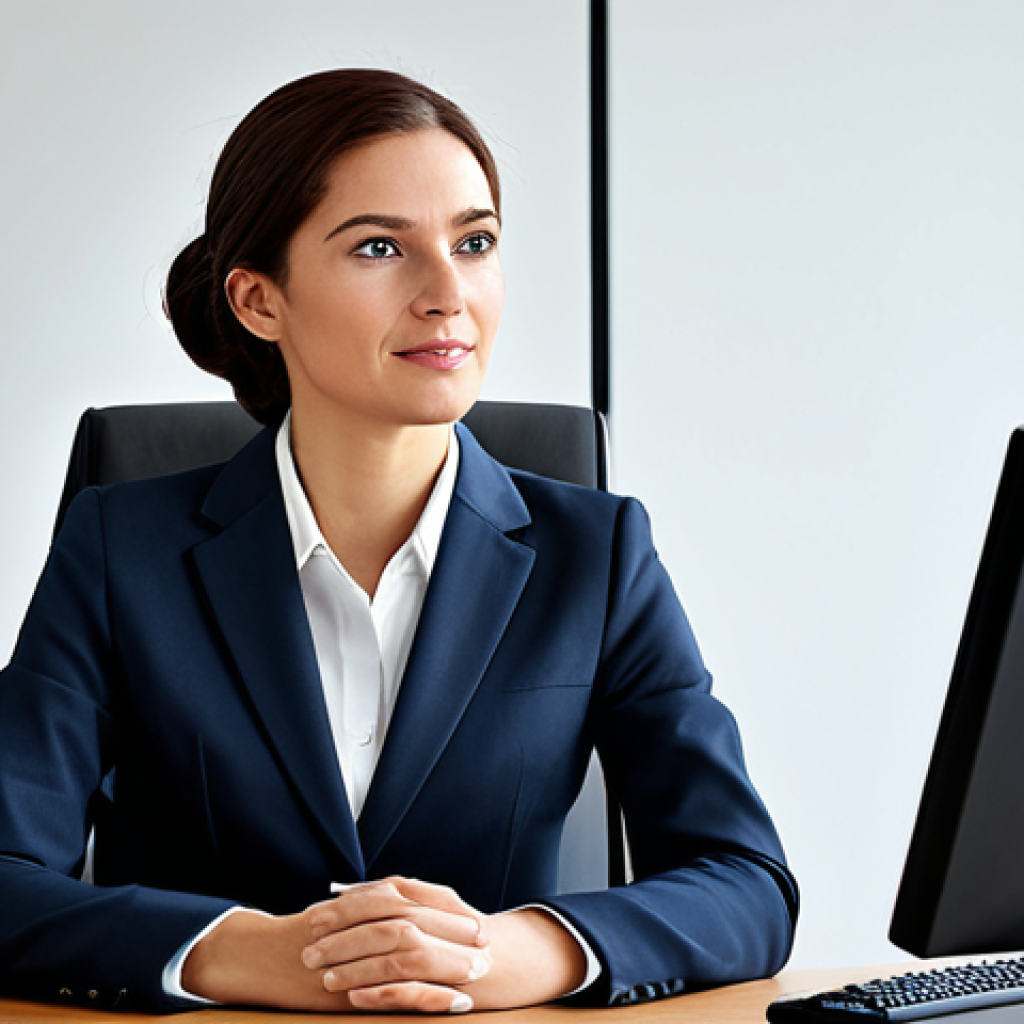 태국 비행기 티켓 예매 - A professional businesswoman in a modest business suit, sitting at a desk in a modern office, fully ...