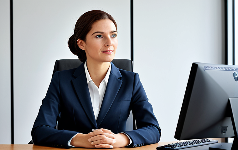 태국 비행기 티켓 예매 - A professional businesswoman in a modest business suit, sitting at a desk in a modern office, fully ...