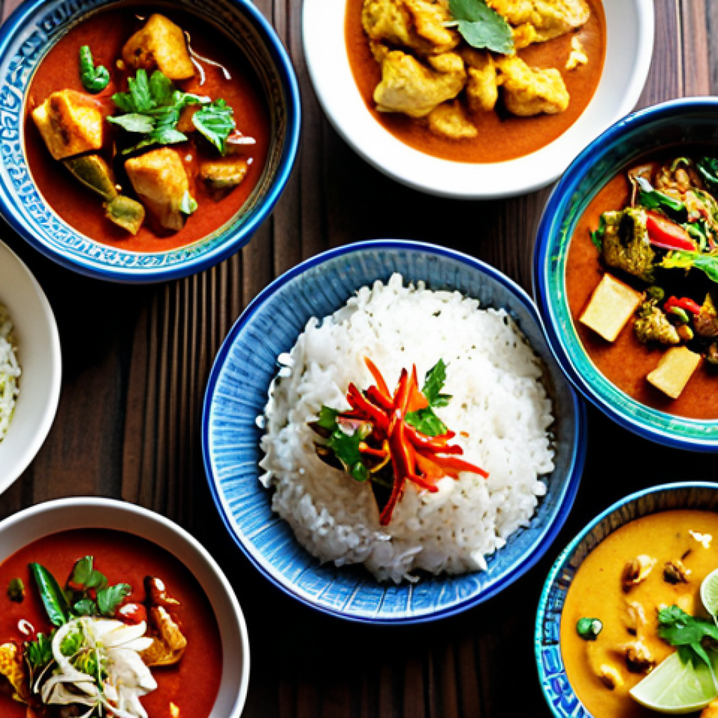 태국식 요리의 특징 - Thai Curry Feast**
"A table laden with colorful Thai curries (red, green, yellow) in ceramic bowls,...