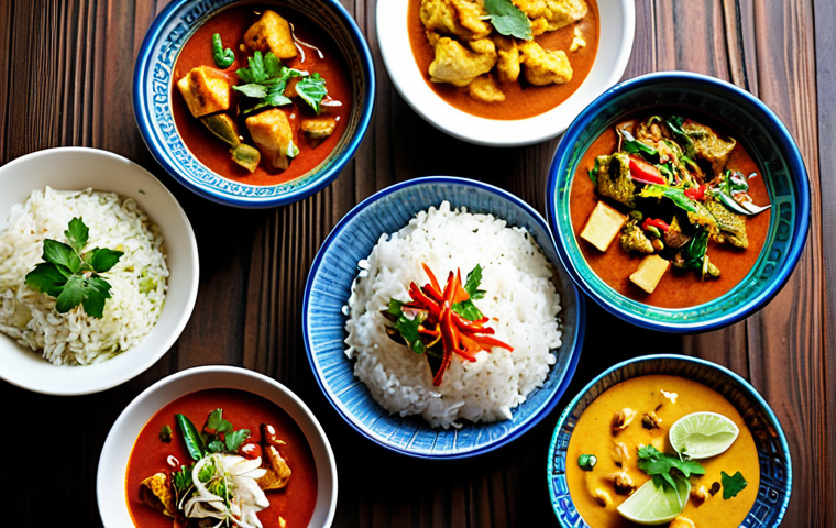 태국식 요리의 특징 - Thai Curry Feast**
"A table laden with colorful Thai curries (red, green, yellow) in ceramic bowls,...