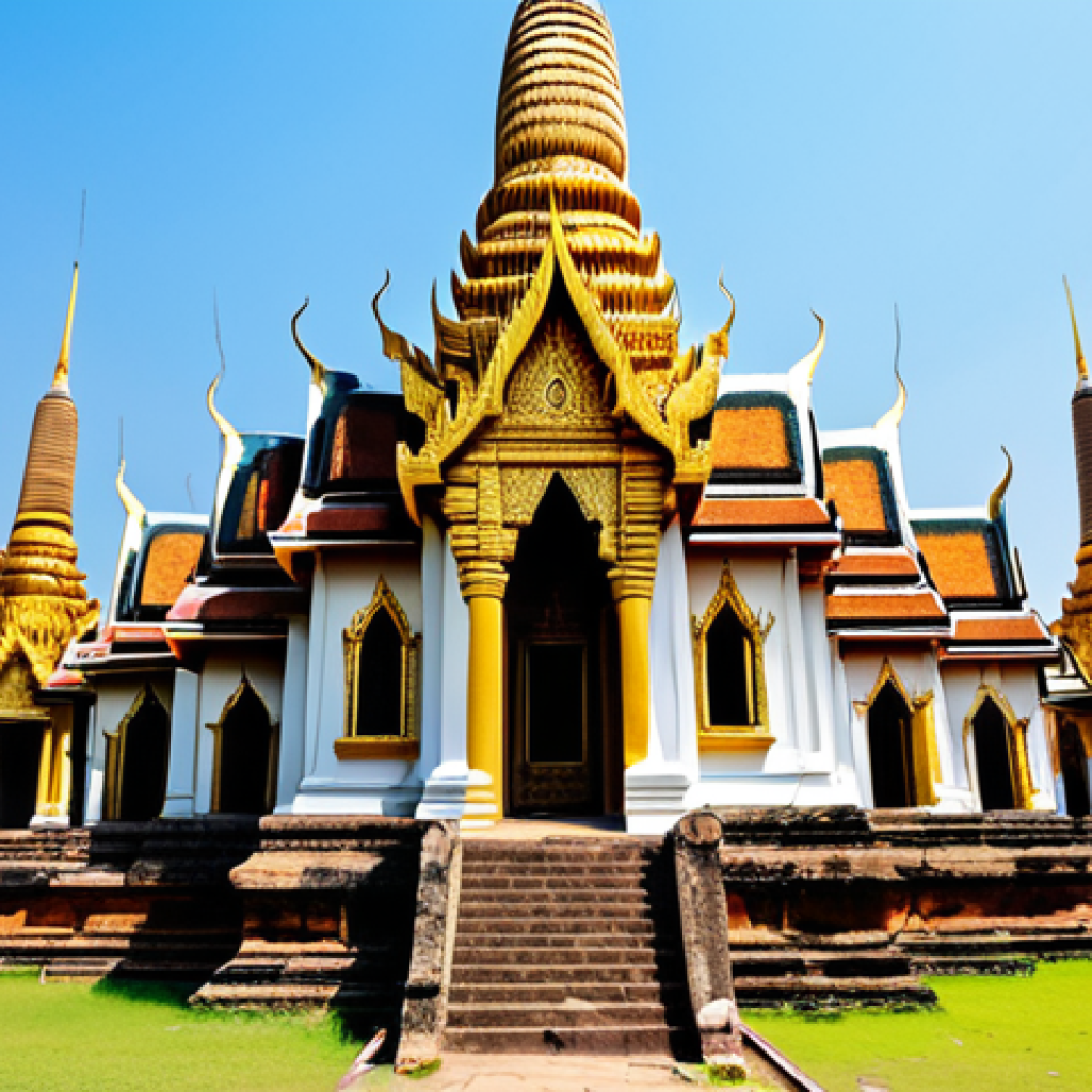 태국의 역사적 사건 - A majestic temple in Ayutthaya, golden spires reaching towards a bright blue sky, ancient ruins surr...