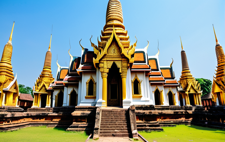 태국의 역사적 사건 - A majestic temple in Ayutthaya, golden spires reaching towards a bright blue sky, ancient ruins surr...