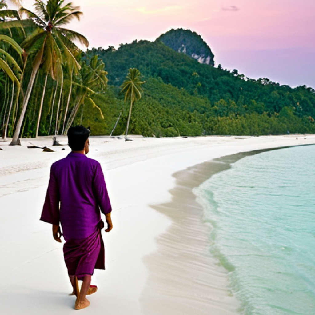 태국 내 신혼여행지 - **Prompt:** A romantic honeymoon couple, appearing to be Indian, walks hand-in-hand along a secluded...