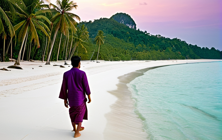 태국 내 신혼여행지 - **Prompt:** A romantic honeymoon couple, appearing to be Indian, walks hand-in-hand along a secluded...