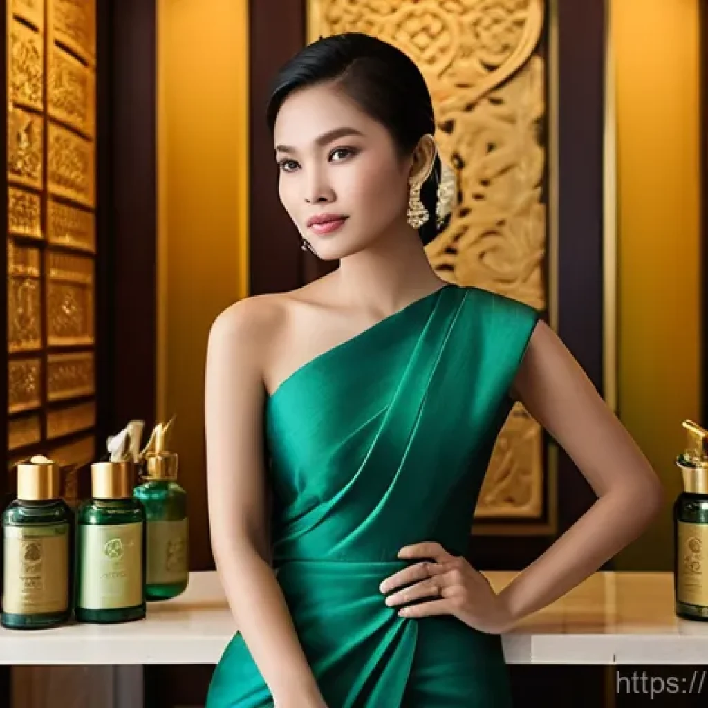 태국의 글로벌 브랜드 사례 - **Prompt:** A sophisticated, clean image of a young Thai woman gracefully posed in a brightly lit, m...