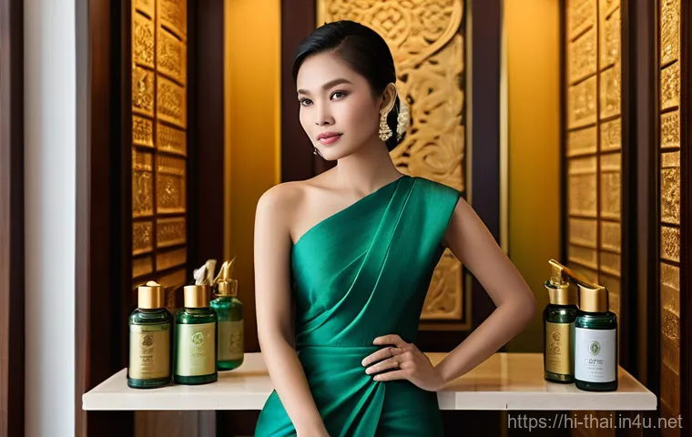 태국의 글로벌 브랜드 사례 - **Prompt:** A sophisticated, clean image of a young Thai woman gracefully posed in a brightly lit, m...