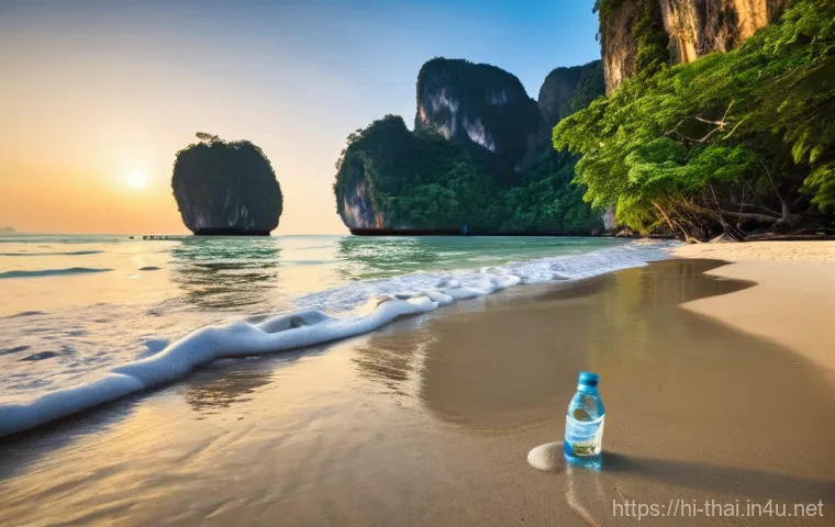 태국의 자연 자원 보호 - **Prompt 1: "A breathtaking panoramic view of Railay Beach in Krabi, Thailand, at golden hour. Tower...