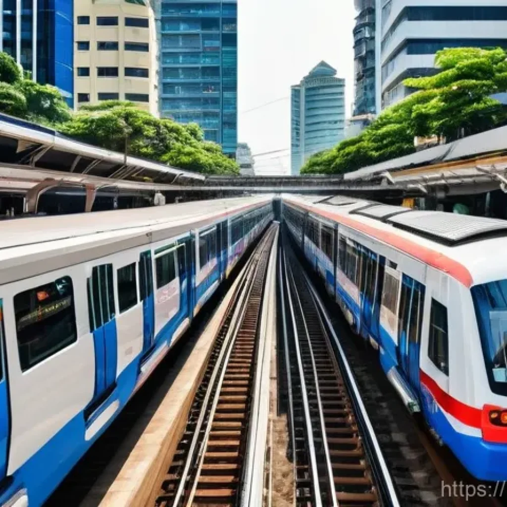 태국의 수도권 인프라 - **Bangkok Modern Transit Efficiency**: A vibrant, dynamic street-level view of Bangkok's public tran...