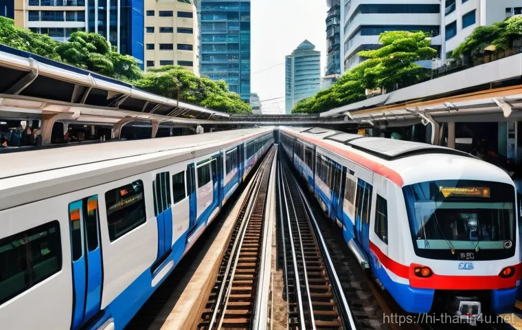 태국의 수도권 인프라 - **Bangkok Modern Transit Efficiency**: A vibrant, dynamic street-level view of Bangkok's public tran...
