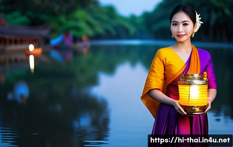 태국의 축제 의상 의미 - **Prompt 1: Loi Krathong Festival Serenity**
A beautiful Thai woman, gracefully dressed in a vib...