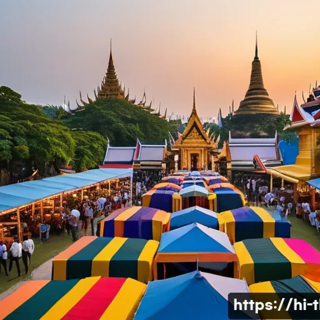 태국의 예술 축제 참여 - "A wide shot capturing the vibrant and bustling atmosphere of a Thai art festival at dusk. The scene...