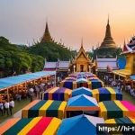 태국의 예술 축제 참여 - "A wide shot capturing the vibrant and bustling atmosphere of a Thai art festival at dusk. The scene...