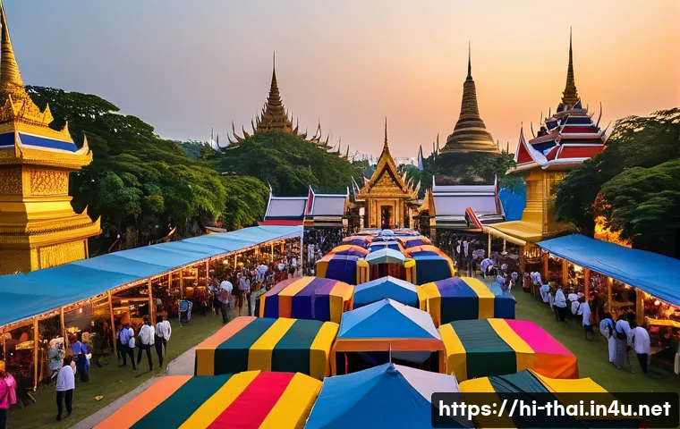 태국의 예술 축제 참여 - "A wide shot capturing the vibrant and bustling atmosphere of a Thai art festival at dusk. The scene...